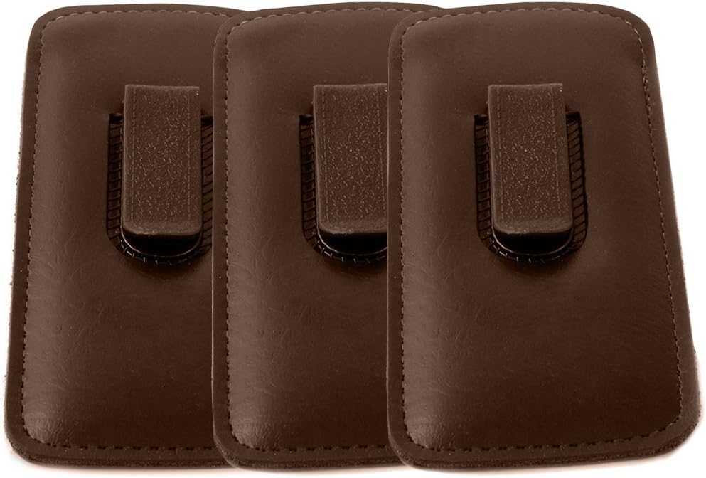 Calabria Slim Eye Glasses Case w/Clip Soft PU Leather Brown (3Pack) Men Women Eyeglass Pouch Slip-In Eyewear Sunglasses Bag