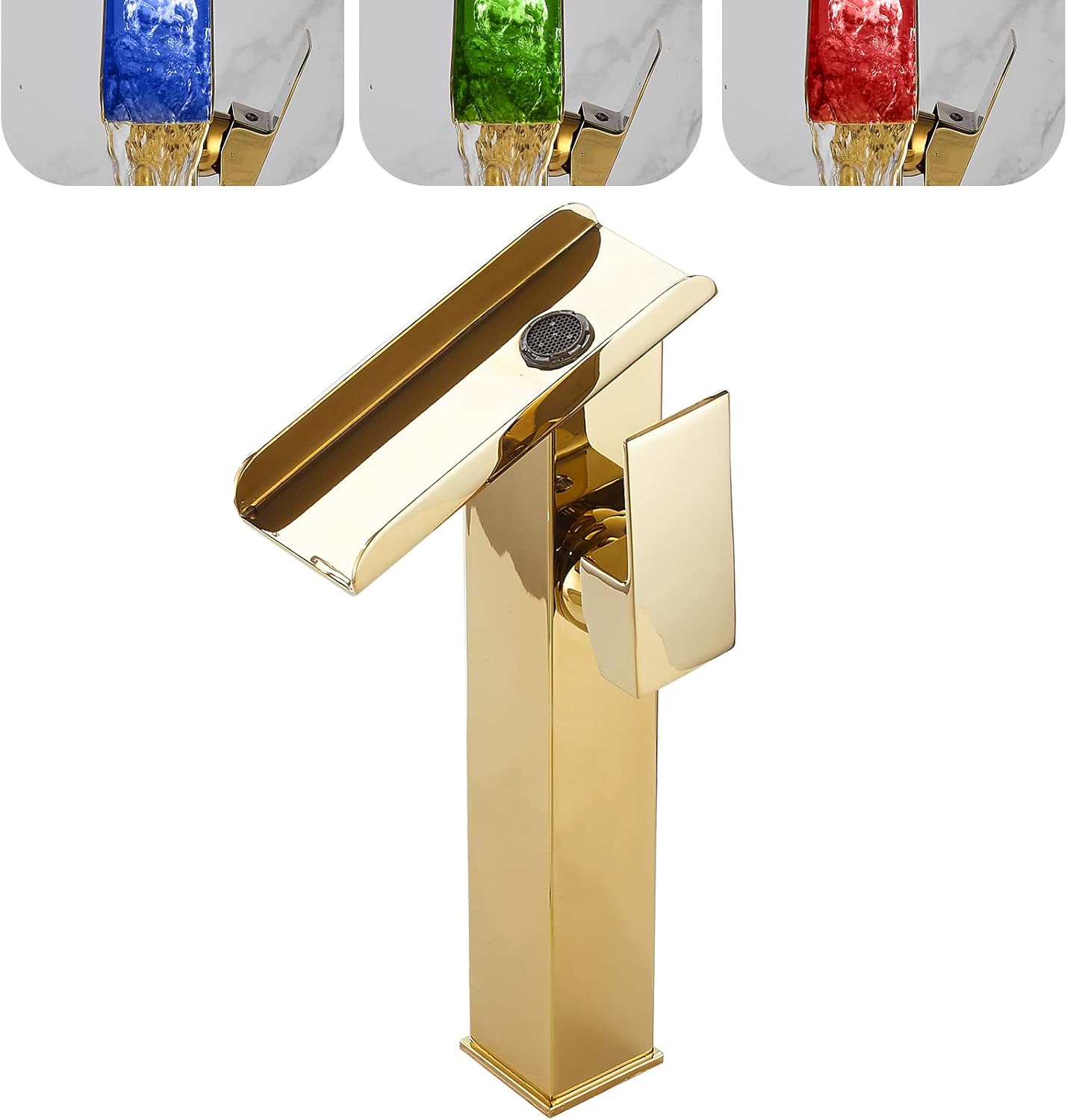 Bathroom Vessel Faucet Gold LED 3 Color Changing Light Waterfall Vessel Sink Faucets Single Handle One Hole Bowl Sink Faucet Vanity Lavatory Basin Mixer Tap Tall with Supply Hose Commercial Modern