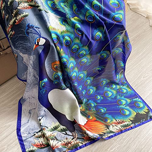 Nasoperfect Silk Feeling Scarf Large Headscarf Fashion Peacock Pattern Sunscreen Hair Wraps Soft Neck Scarves For Women Blue #TOP2