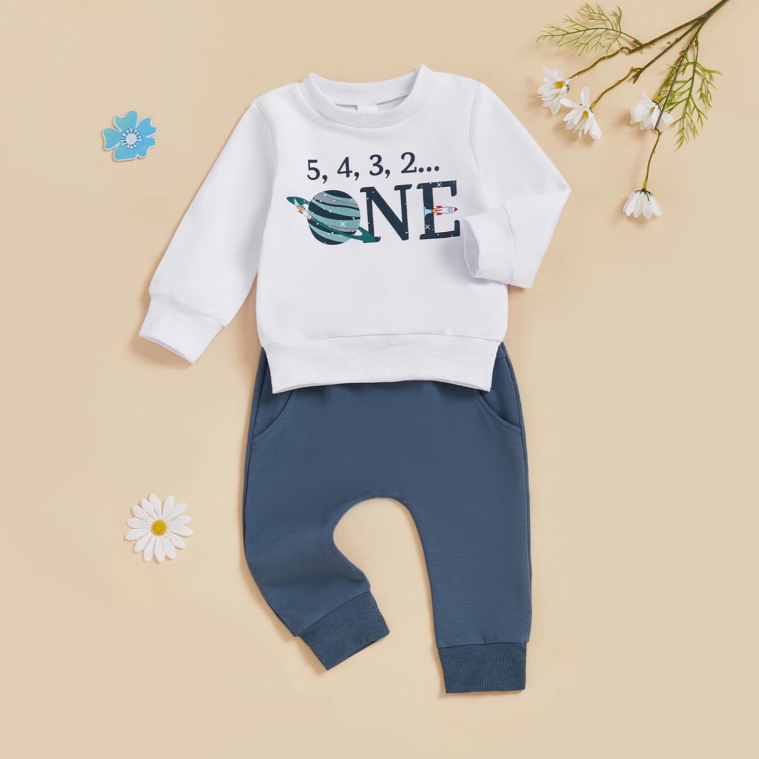 Baby Boy First Birthday Outfit Letters Printed Long Sleeve Crewneck Sweatshirt Tops Pants Cute Cake Smash Outfit - Image 2