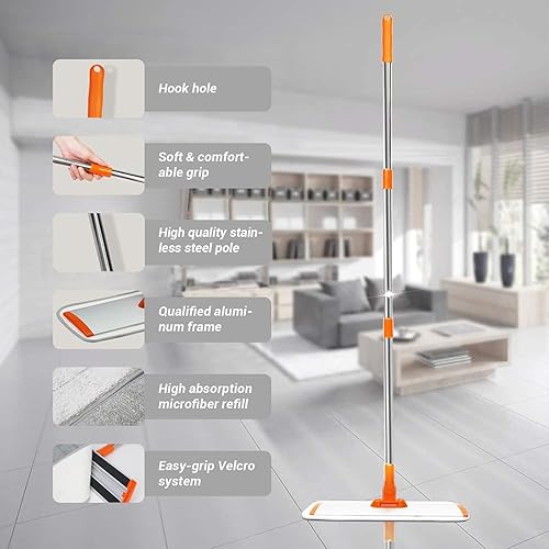 Miniatura 2 de Trapeador de microfibra de 17.5 pulgadas, trapeador plano con mango de acero inoxidable ajustable de 51 pulgadas, 4 almohadillas reutilizables para