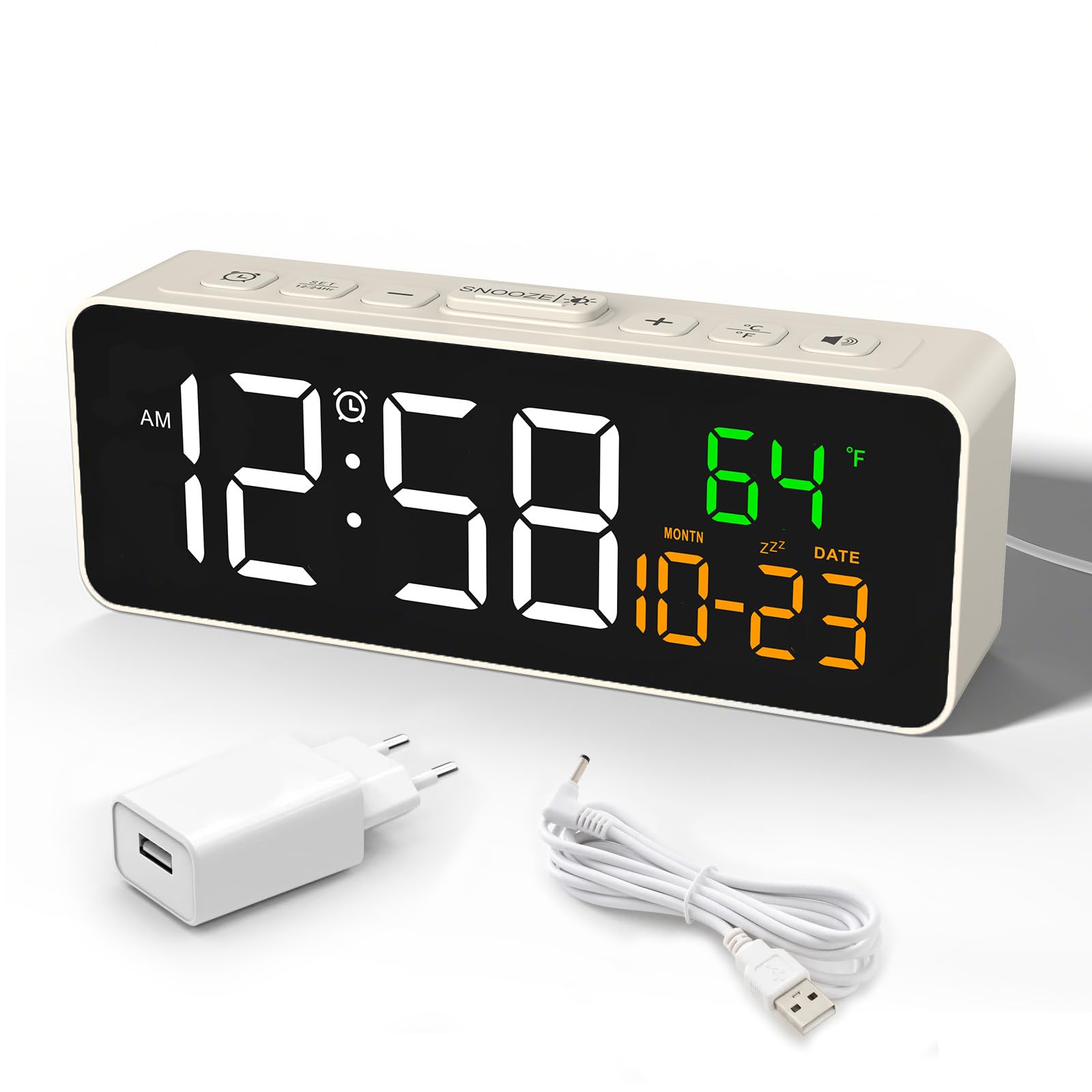 Netzu Digital Wecker Klein, Nachttisch Wecker mit Temperaturanzeige, Datum, 4 Helligkeit, 3 Lautstärke, Snooze, 12/24 Stunden, Wecker Laut für Wohnzimmer Schlafzimmer (Weiß)