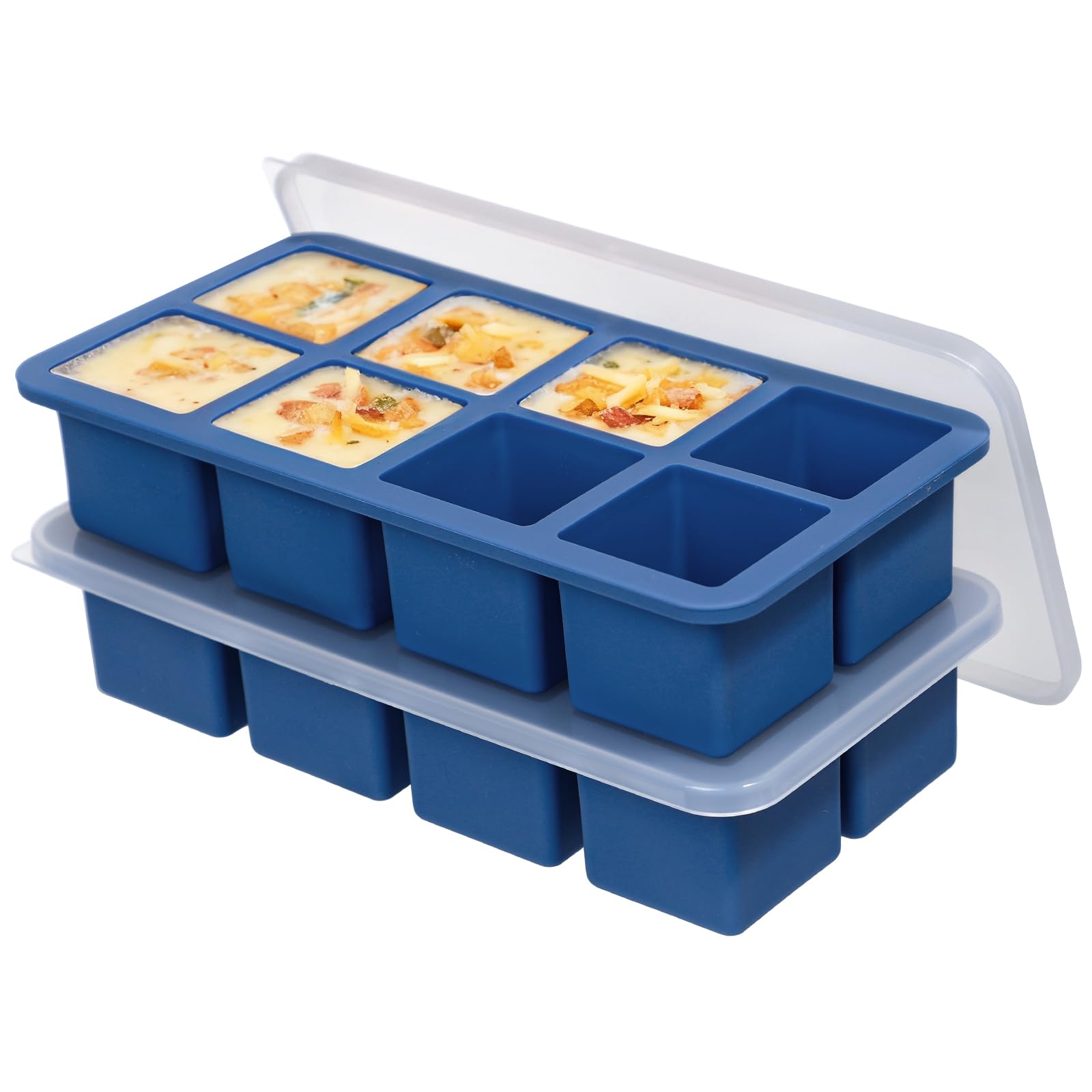 Koluti Nonstick Silicone Freezer Molds with Plastic Lid 2 Pack, 8 Soup Tray Sauce Ice Mold Maker, Stackable Food Meal Prep Storage Container for Freezing, Dishwasher Safe & BPA Free