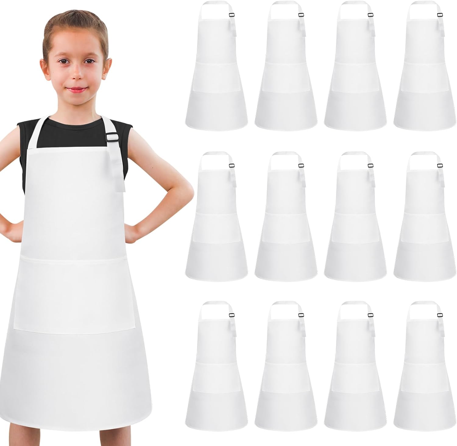 12 Pack Kids Aprons Bulk, Adjustable Kids Chef Apron with 2 Pockets, Art Paint Aprons for Cooking, Baking, Grilling, Painting, Crafting