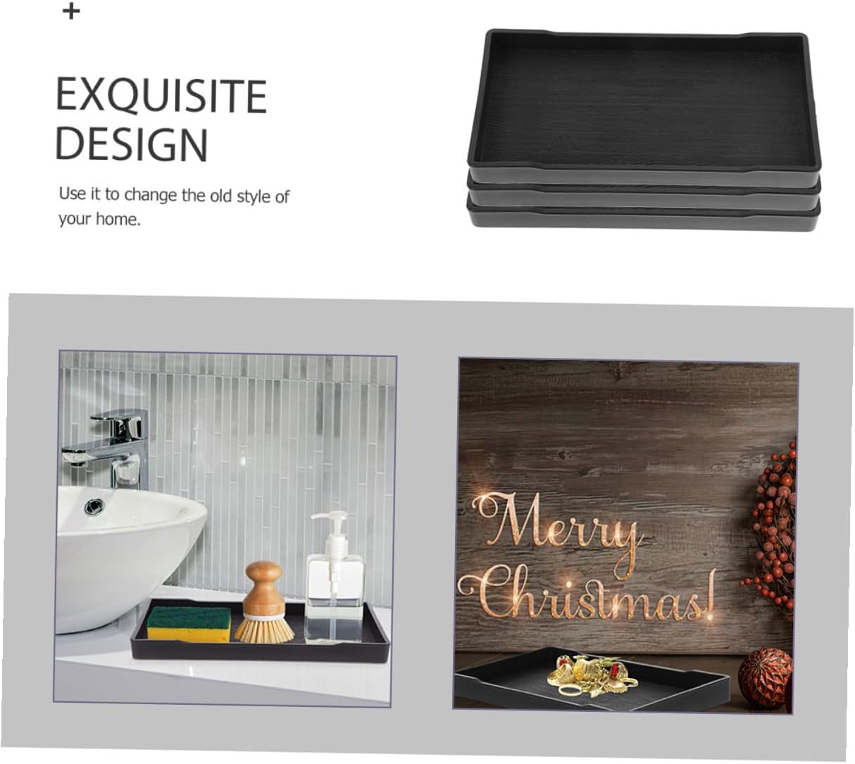 3pcs Bathroom Vanity Trays Thickened Rectangular Countertop Organizer for Toiletries and Cosmetics, Black Wood Grain Sturdy Bathroom Sink Tray for Perfume and Soap Holder