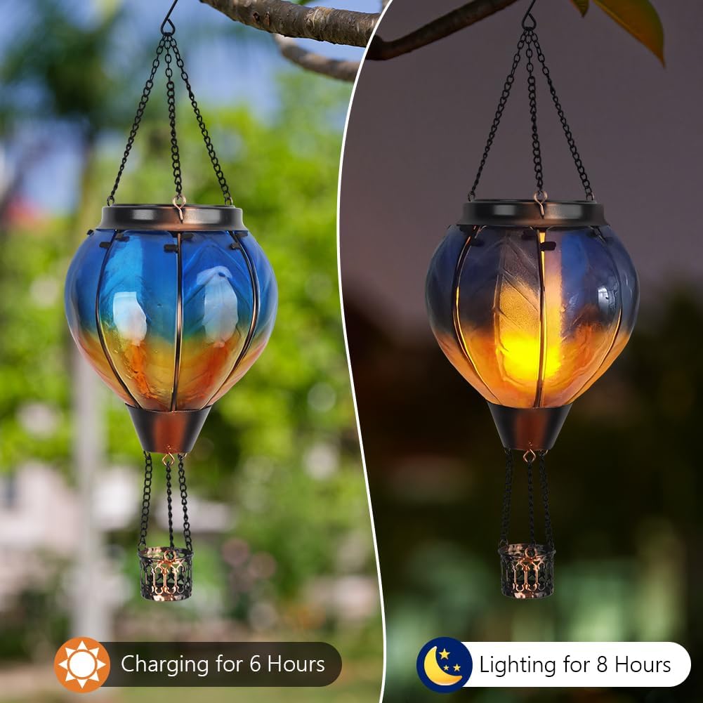 2PCS Gradient Solar Hot Air Balloon Outdoor Lantern with Flickering Flame LED Glass Gradient Hanging Outdoor Lights Waterproof for Patio Yard Garden Decor