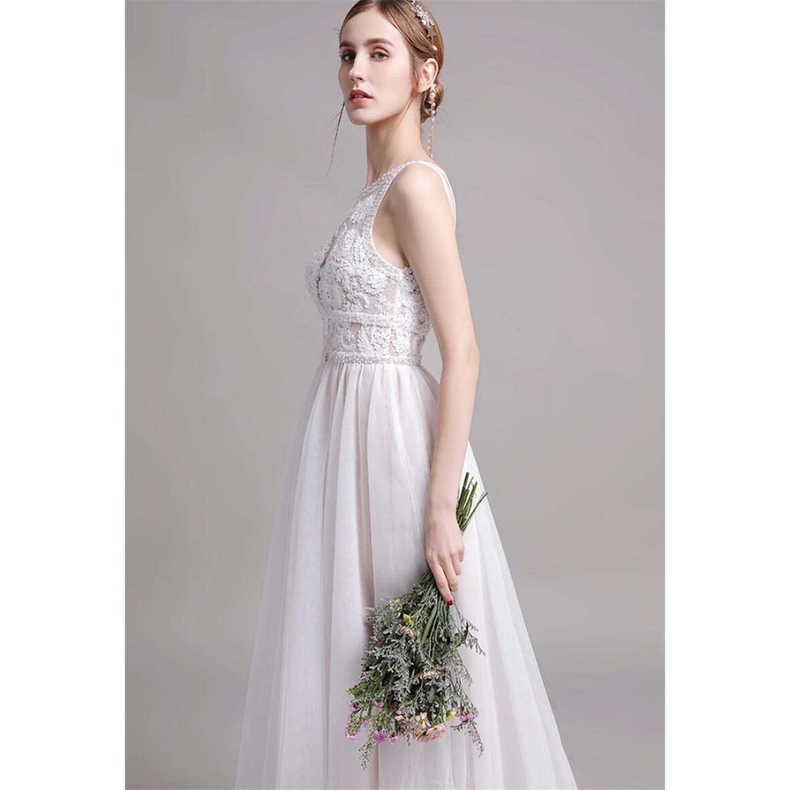 Vestido de Novia de Playa, Solo para Novias, Vestido de Novia sin Mangas con Calcomanías, Blanco, 4