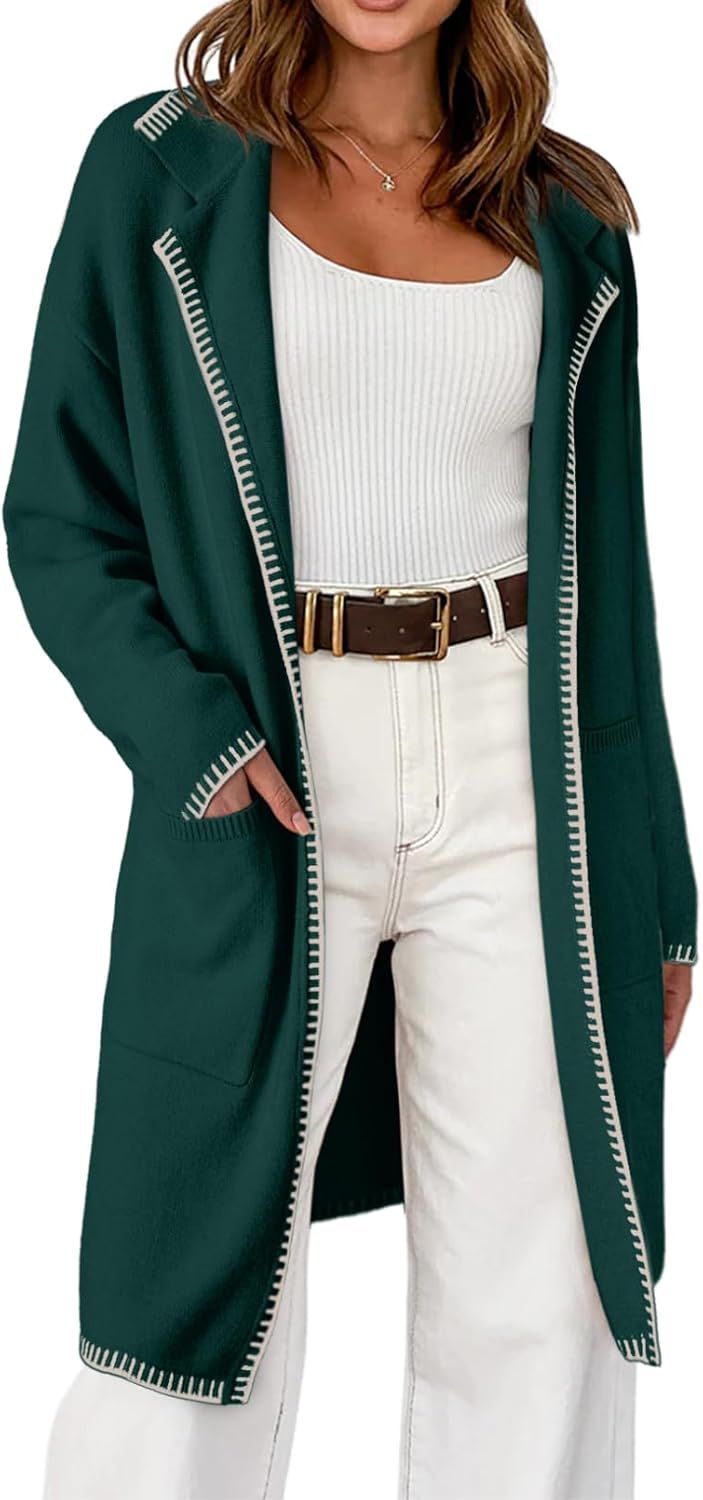 Dokotoo Womens Casual Long Cardigan Sweaters 2025 Winter Coats Fall Jacket Knit Coatigan Outwear with Pockets Large Dark Green
