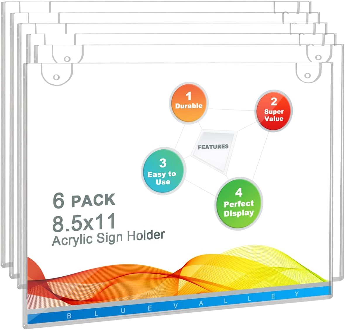 BlueValley Acrylic Sign Holder 8.5 x 11 Wall Mount, Clear Acrylic Wall Frames with Double Sided Tape Adhesive & Screws, Plastic Wall Sign Menu Picture Document Holders for Office, Home, Store, Restaurant-Horizontal (6 Pack)