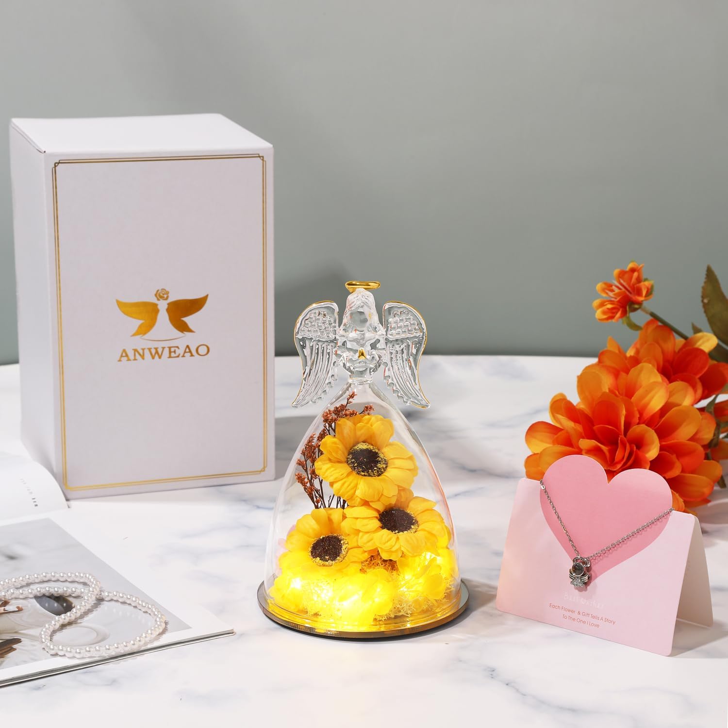 Valentines Day Gifts for Her,Sunflower Gifts for Women,Sunflowers Gifts for Mom Angels Figurines Sunflower Bouquet with Necklace,Light Up Sunflowers in Glass,Birthday Gifts for Wife Girlfriend - Image 7
