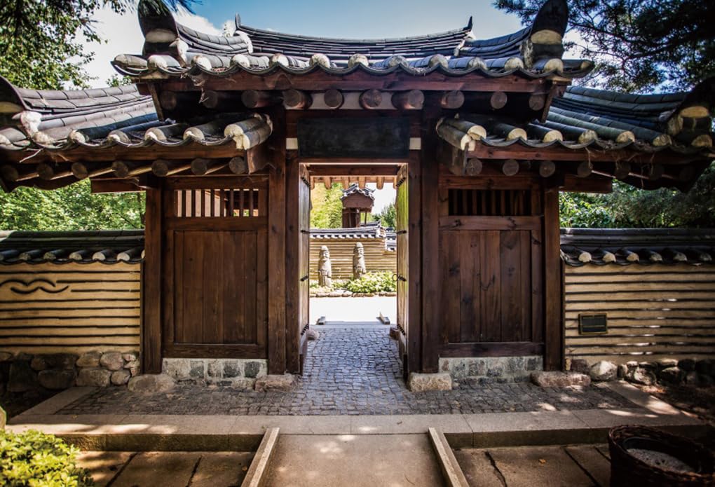 AOFOTO 10x7ft Korean Garden Wooden Door Entrance Backdrop Asian Confucianist Village Korea Traditional Tile-Roofed House Old Park Buildings Stone