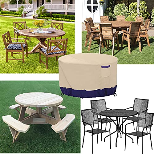 Dustyprote Round Patio Table Covers, Waterproof Patio Furniture Cover Round Table And Chairs, 600D Heavy Duty Outdoor Table And Chairs Covers, 72 "Dia X 28" H, Khaki + Dark Blue #TOP2