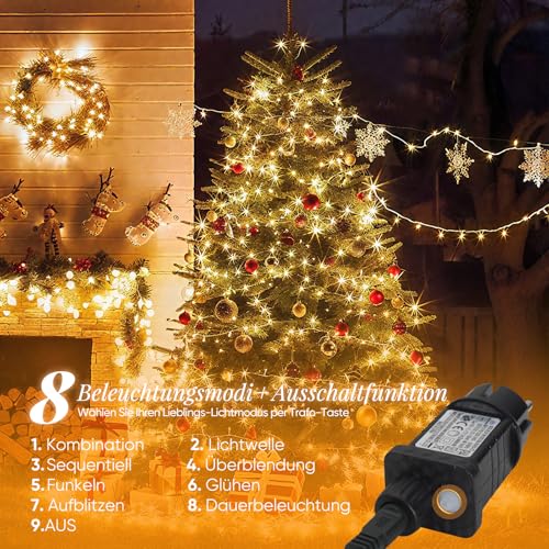 SALCAR Łańcuch świetlny LED 5 m, 50 diod LED, na Boże Narodzenie, zasilanie zewnętrzne z 8 trybami, timer i pamięć, wodoszczelność IP44, dekoracja bożonarodzeniowa, wesele, przezroczysty kabel, ciepła