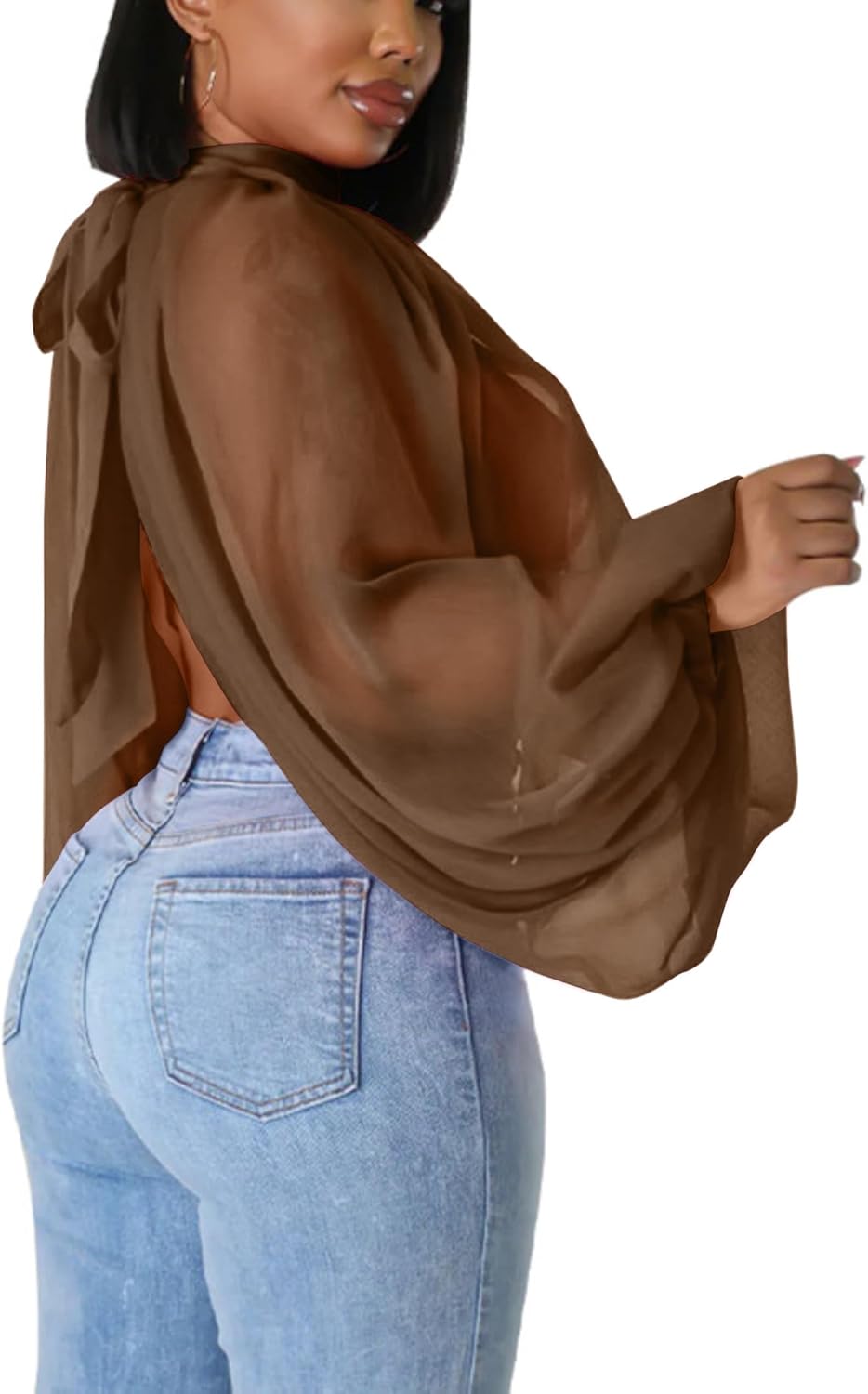 Sexy Tops for Women Party Club Night Batwing Sleeve Chiffon Sheer Self Tie Back Front Open Women Shirts Casual Summer - Image 6