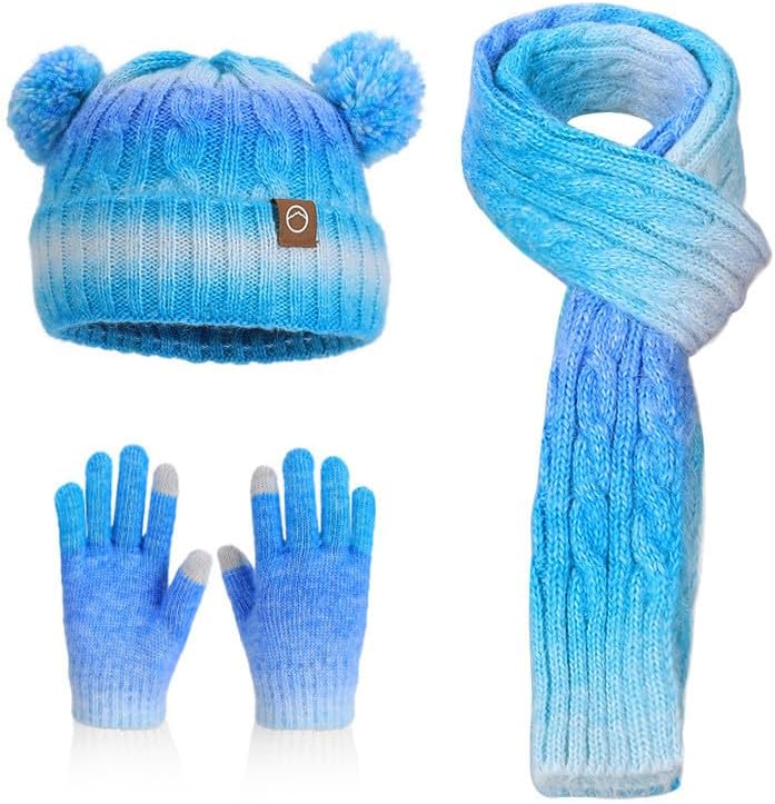 Topcosplay Winter Kids Warm Hat Scarf Gloves 3 Piece Set Knitted Neck Warm Scarf Plush Lining Gloves Hat Christmas Gift Set