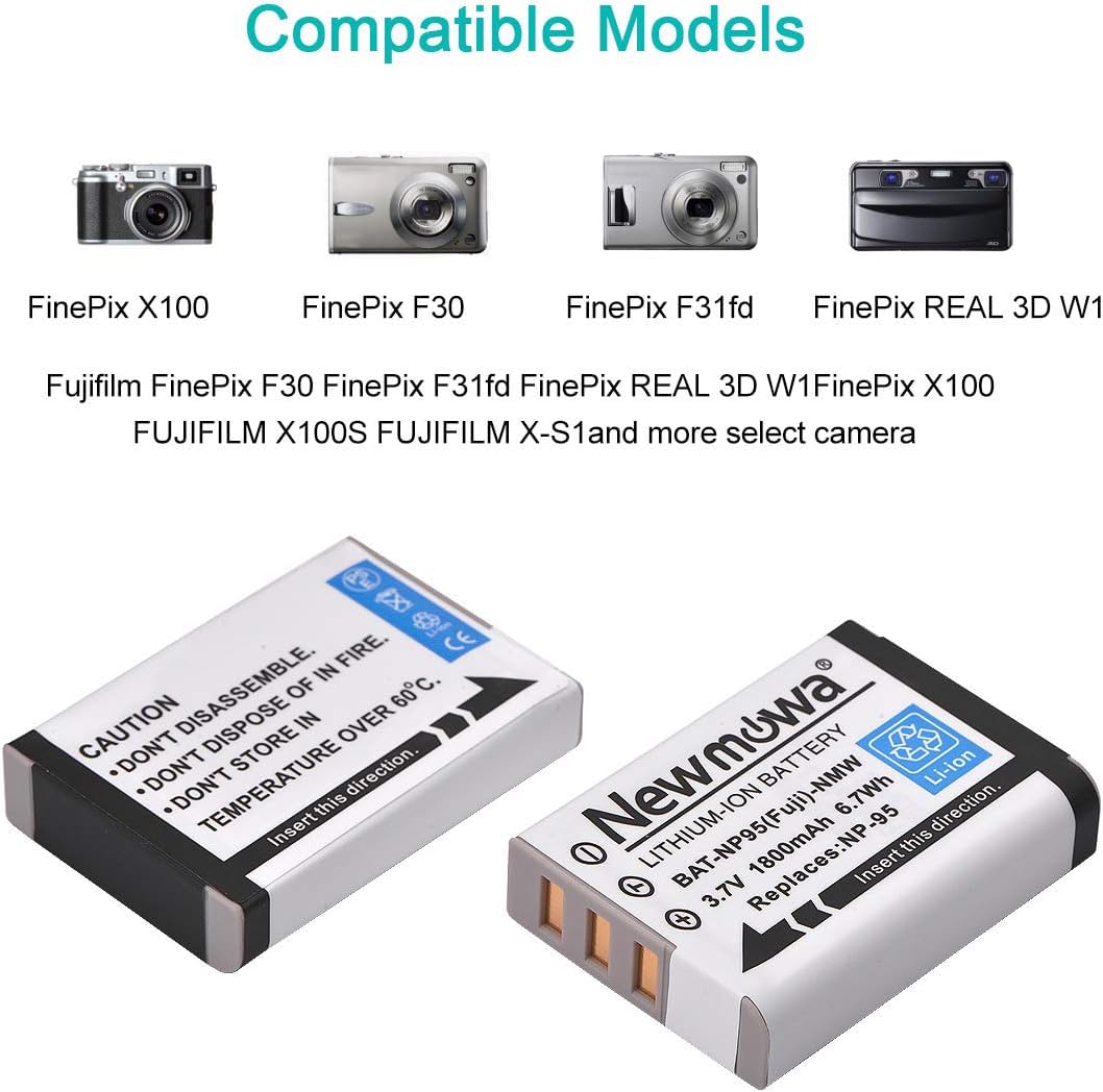 Newmowa NP-95 Batería (2-Pack) y Kit Cargador USB portátil para Fujifilm FinePix F30, FinePix F31fd, FinePix Real 3D W1, FinePix X100, FinePix X30, FinePix X100T, FinePix X100LE
