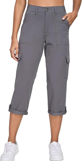 Oalka Womens Cargo Capri Pants Relaxed Fit Knit Waist Cropped Pant Casual Hiking Capris