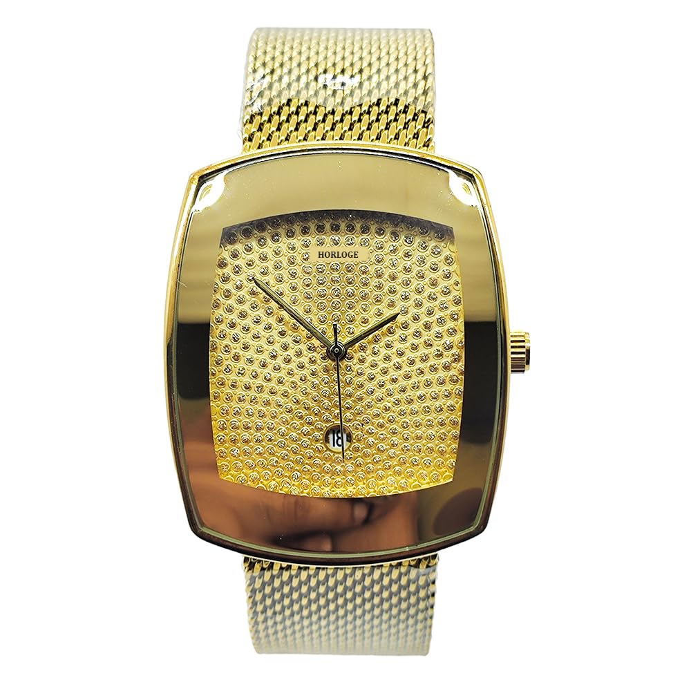 Gold Rectangular Diamond Dial with Gold Plated Mesh Strap Watch for Mens - Quartz (B0DBHXY8C6) Amazon Price History, Amazon Price Tracker