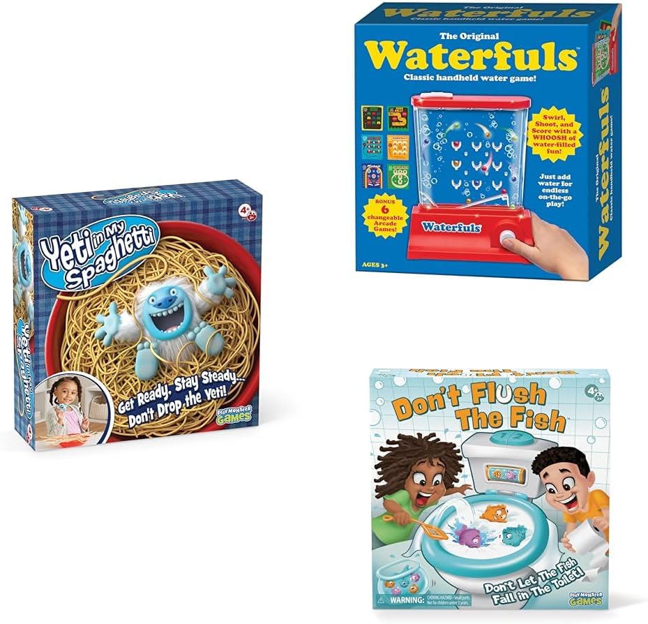 Bundle of Toddler Board Game Yeti in My Spaghetti Board Game + Original Waterfuls Classic Handheld Water Games + Don't Flush The Fish Board Games for Kids - Board Games for Family Game Night