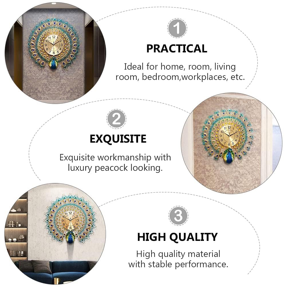 R RUNILEX Large Wall Clock for Living Room Decor,Mid Century Decorative Non-Ticking Silent Luxury Peacock Clock for Dining Room Bedroom (Pickock Clock) 2
