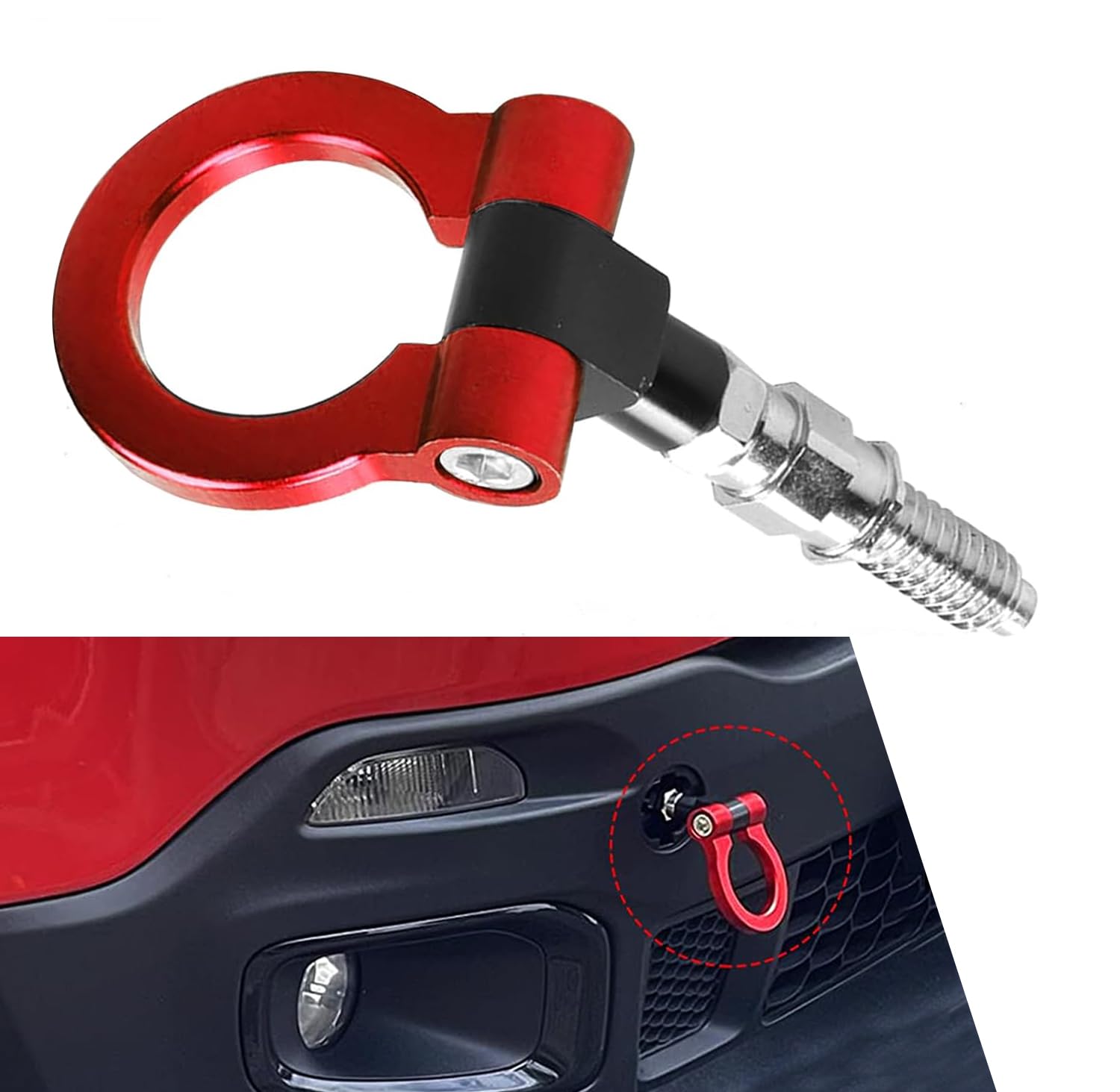 1 PC Car Front Bumper Tow Hook, Trailer Ring Replacement, Aluminum Bumper Pull Ring, Racing Recovery Hook, Screw-on Vehicle Modification Kit, Universal for Most Cars, Trucks, Trailers (Red)