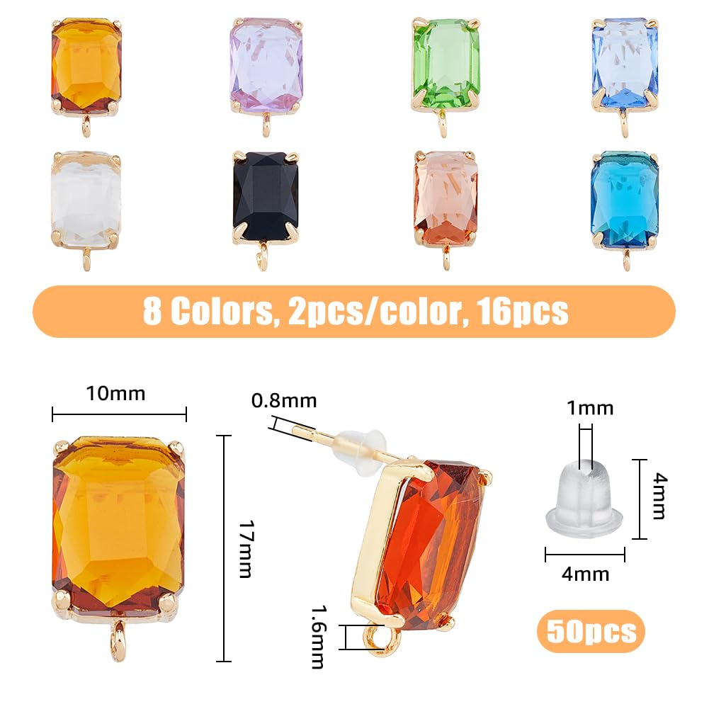 SUPERFINDINGS 16 pezzi orecchini a vite in ottone vetro rettangolo foro 1.6mm per creazione gioielli