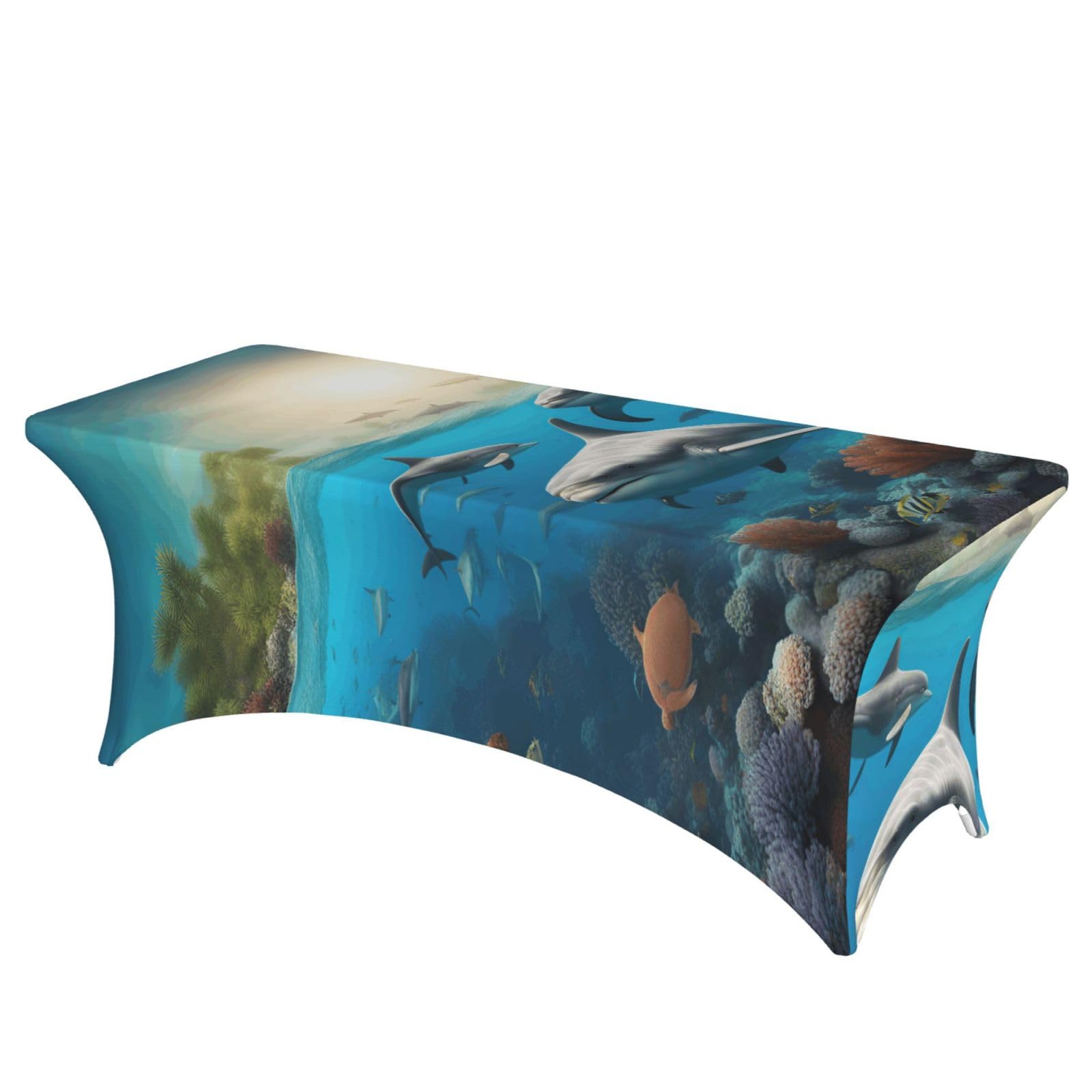 AYYQWE Dolphins Sea Turtle Shark Octopus Coral Print Elastic Rectangular Tablecloth For Banquet Outdoor Picnics Office Table Cover