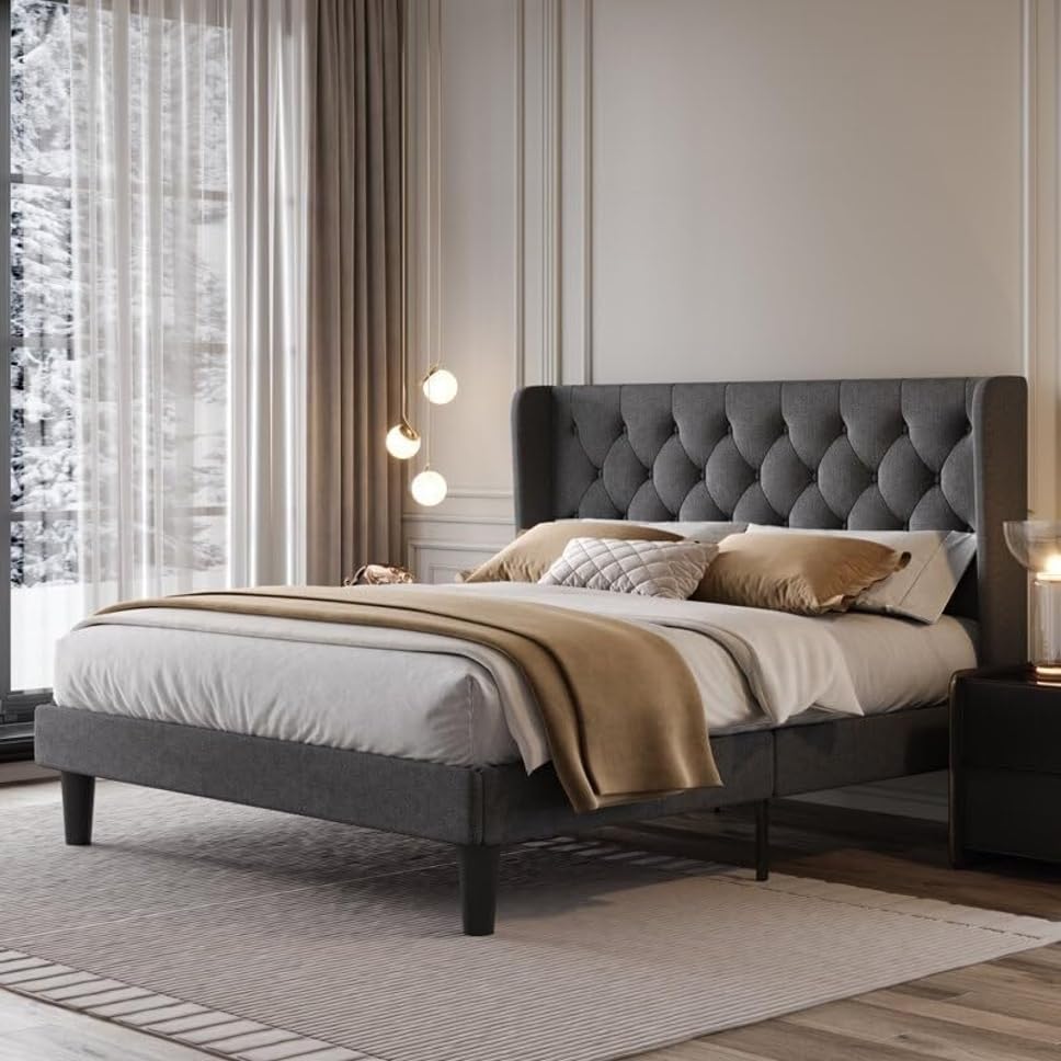 Image of Wooden Modern Upholstered King Size Bed for Bedroom | Wooden Double Bed Without Storage | Platform Cot Upholstered Bed with Upholstery Fabric | Engineered Wood | 6.5 x 6 Ft | Grey Kaizen