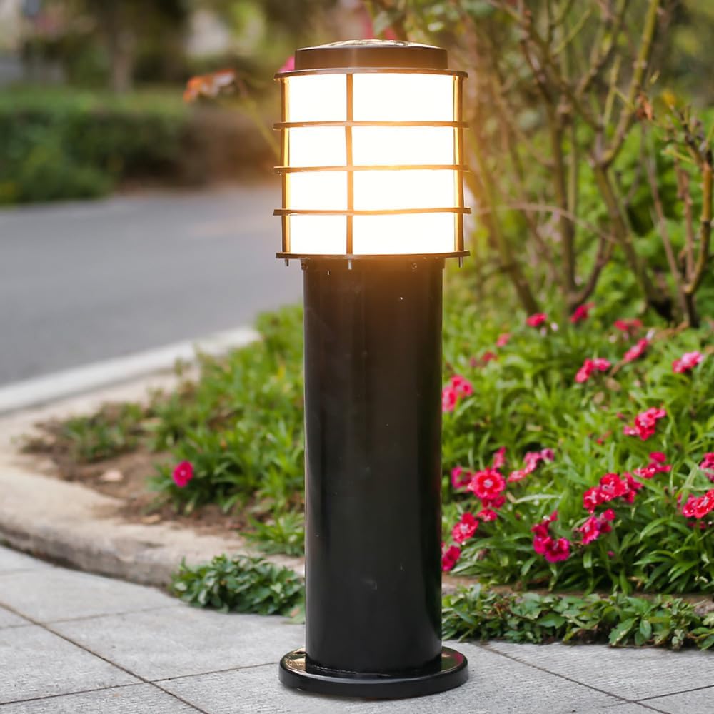 Outdoor Landscape Path Light Rustic Bollard Lantern Vintage Pathway Lamps with Acrylic Shade Waterproof Bollard Lighting Cylinder Lawn Floor Lamp for Porch Patio Yard Driveway