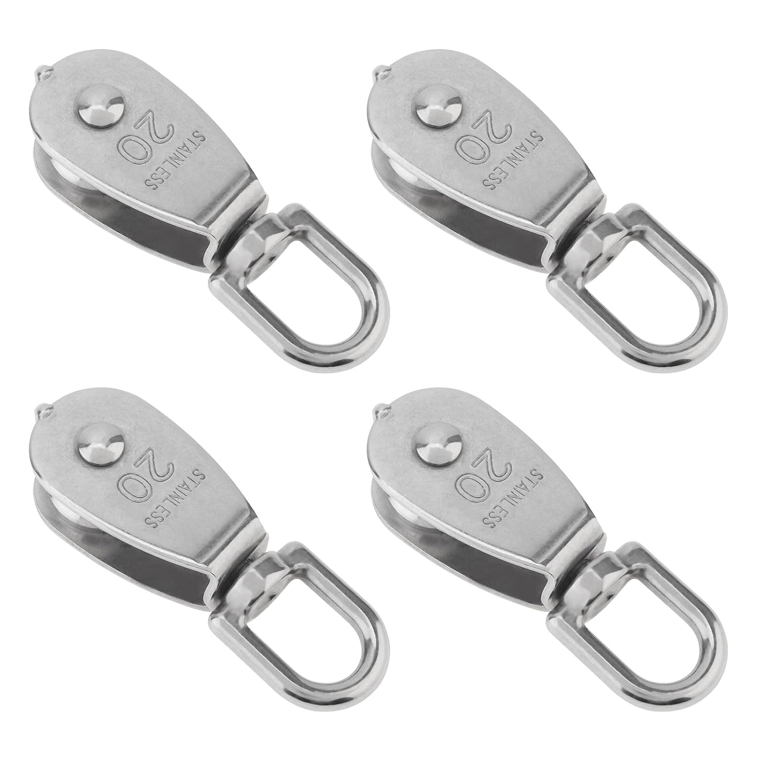 4 Pack M20 Single Pulley Block, 304 Stainless Steel Wire Rope Lifting Swivel Hook Hanging Wire Towing Wheel Loading 165Ibs Max