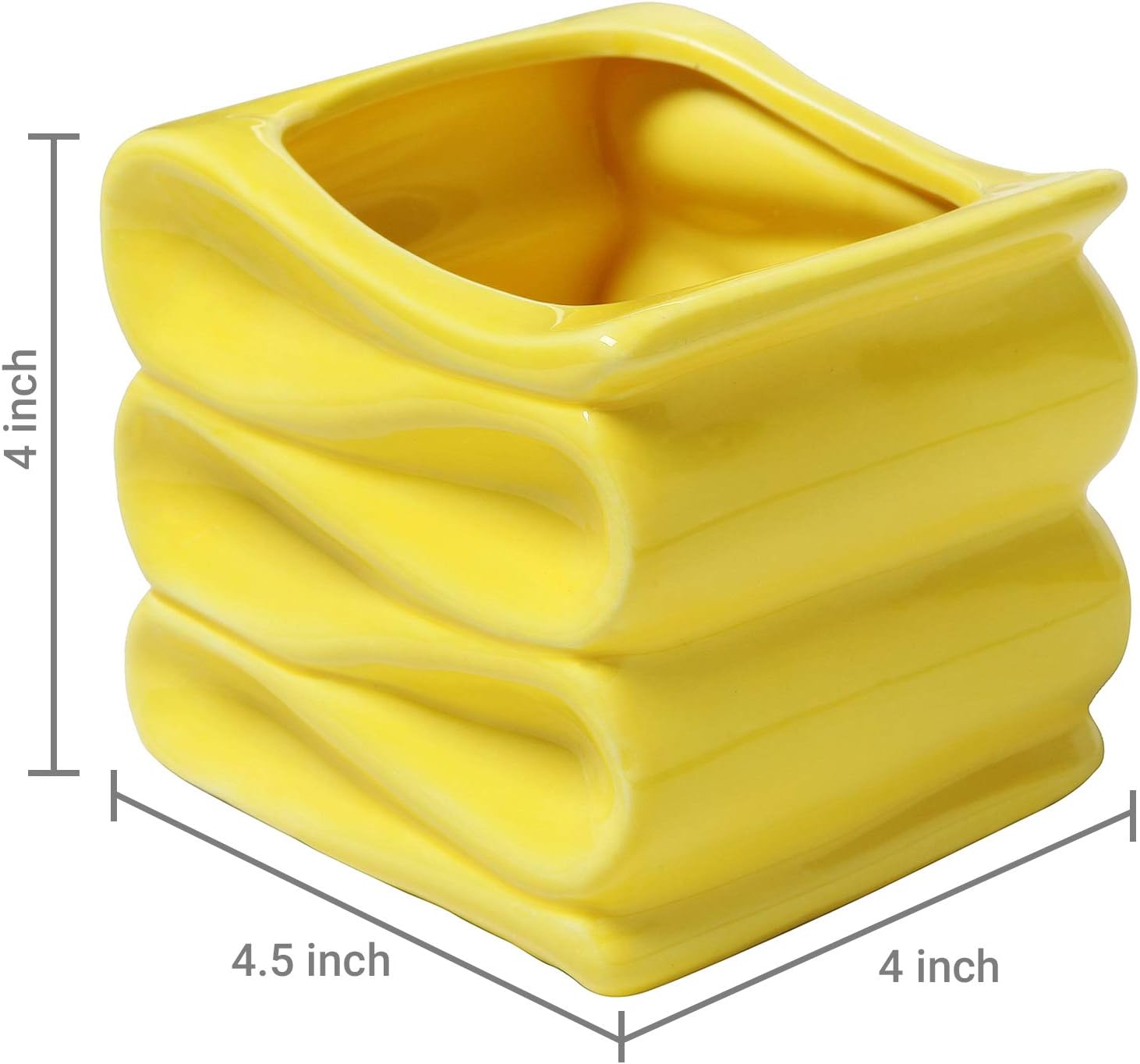 MyGift 4-Inch Yellow Ceramic Mini Succulent Plant Pot, Modern Decorative Planters with Candy Ribbon Design, Set of 2