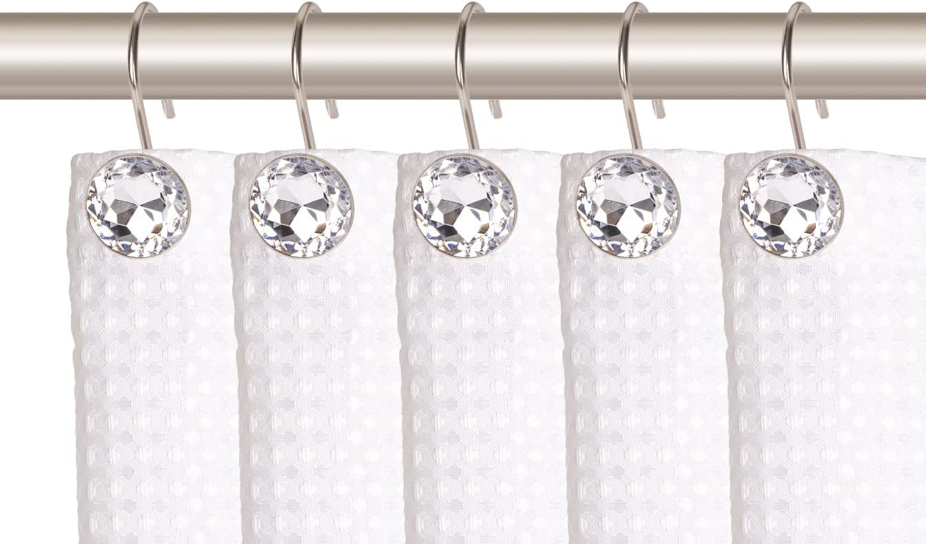Utopia Alley Shower Hooks - Shower Curtain Rings for Bathroom - Rust Resistant Shower Curtain Hooks for Shower Curtain or Liner - Shower Curtain Rings with Crystal Design - Set of 12, Brushed Nickel