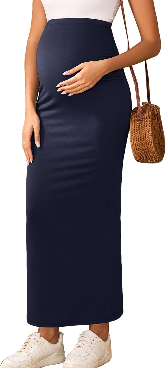 2024 Maternity Adjustable Waist Rib Knit Maxi Skirt Over The Belly Stretchy Pregnancy Long Pencil Skirts