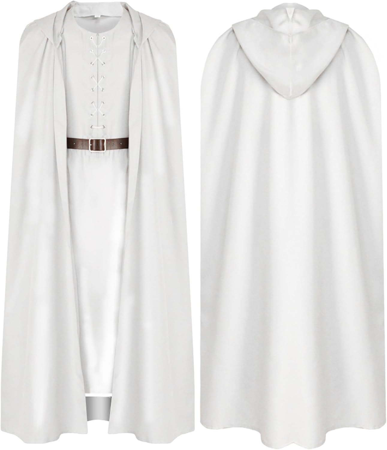 Wizard Costume Men Adult Renaissance Tunic Robe White Hooded Outfit Cloak Cape Belt Accessories Medieval Suit