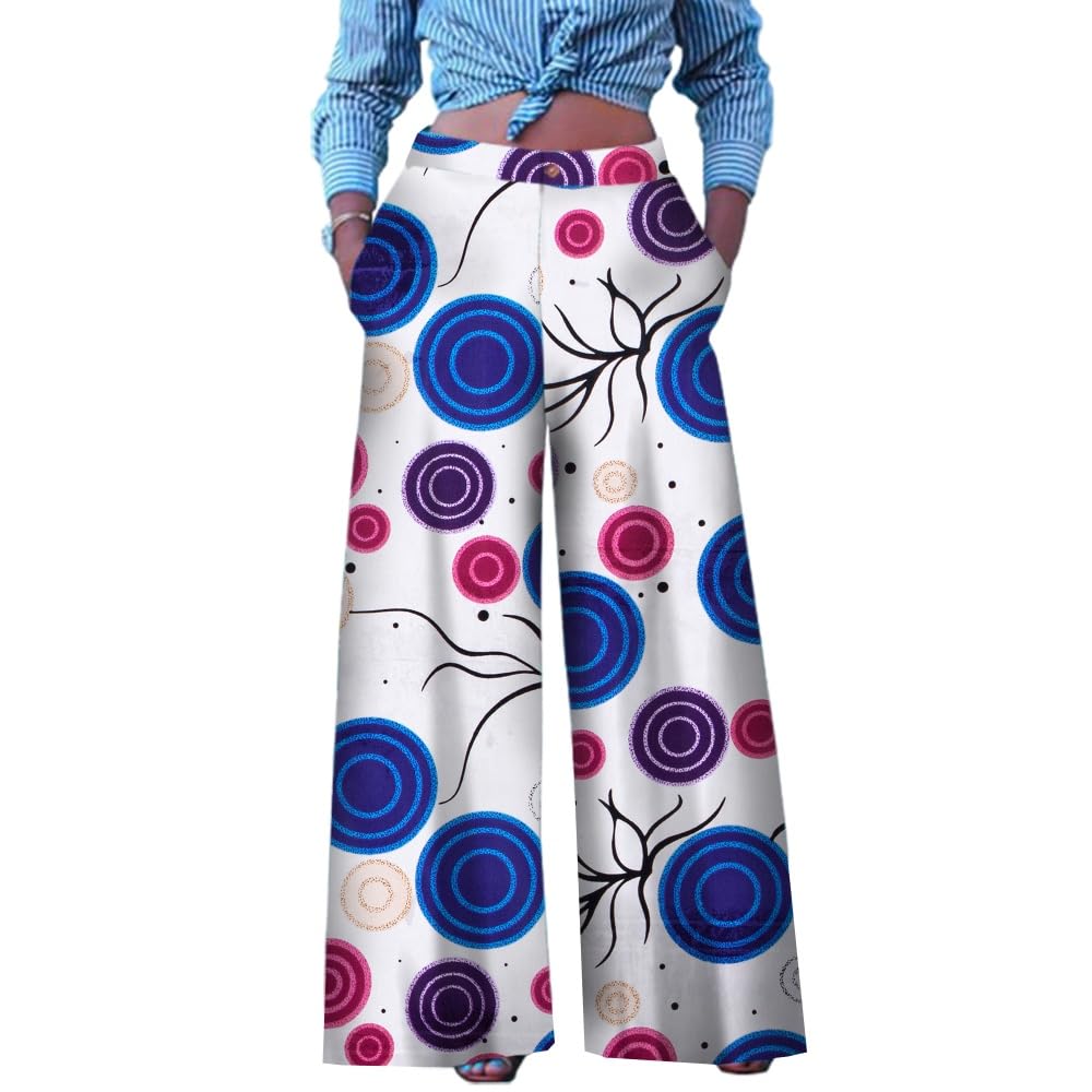 iooiooi Womens Fashion Casual Plus Size African Print Cotton Wide Leg Pants with Pockets