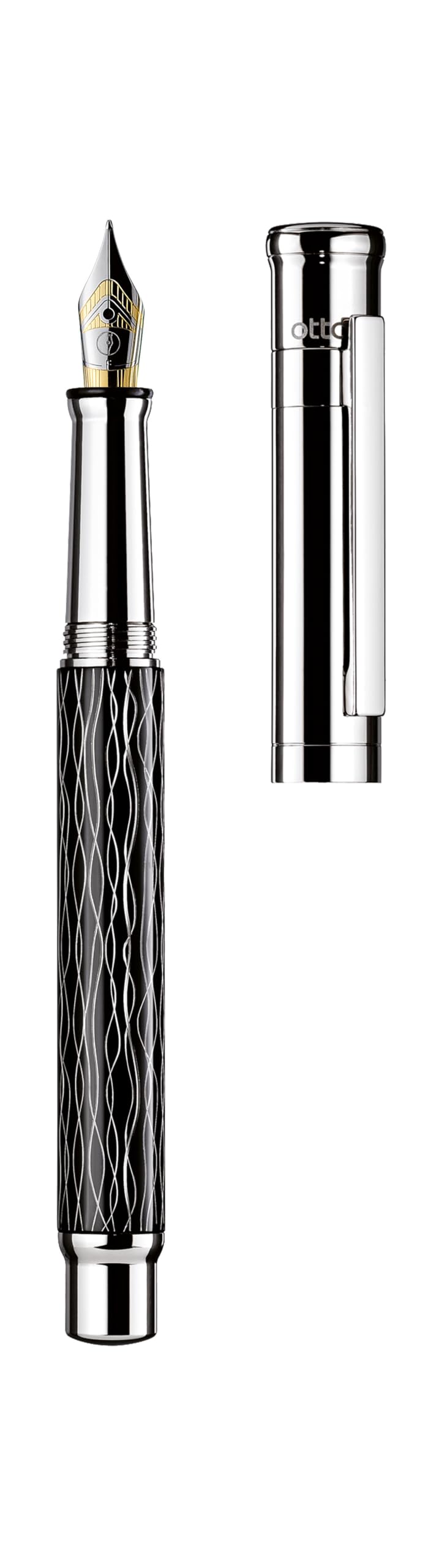 Otto Hutt Design 04 Füllfederhalter Schwarz, mit Schaft Palladium beschichtet und Wellen-Guilloche, Kappe und Beschlagteile glanz Platin beschichtet, Stahlfeder, Federstärke: EF, 038-61974