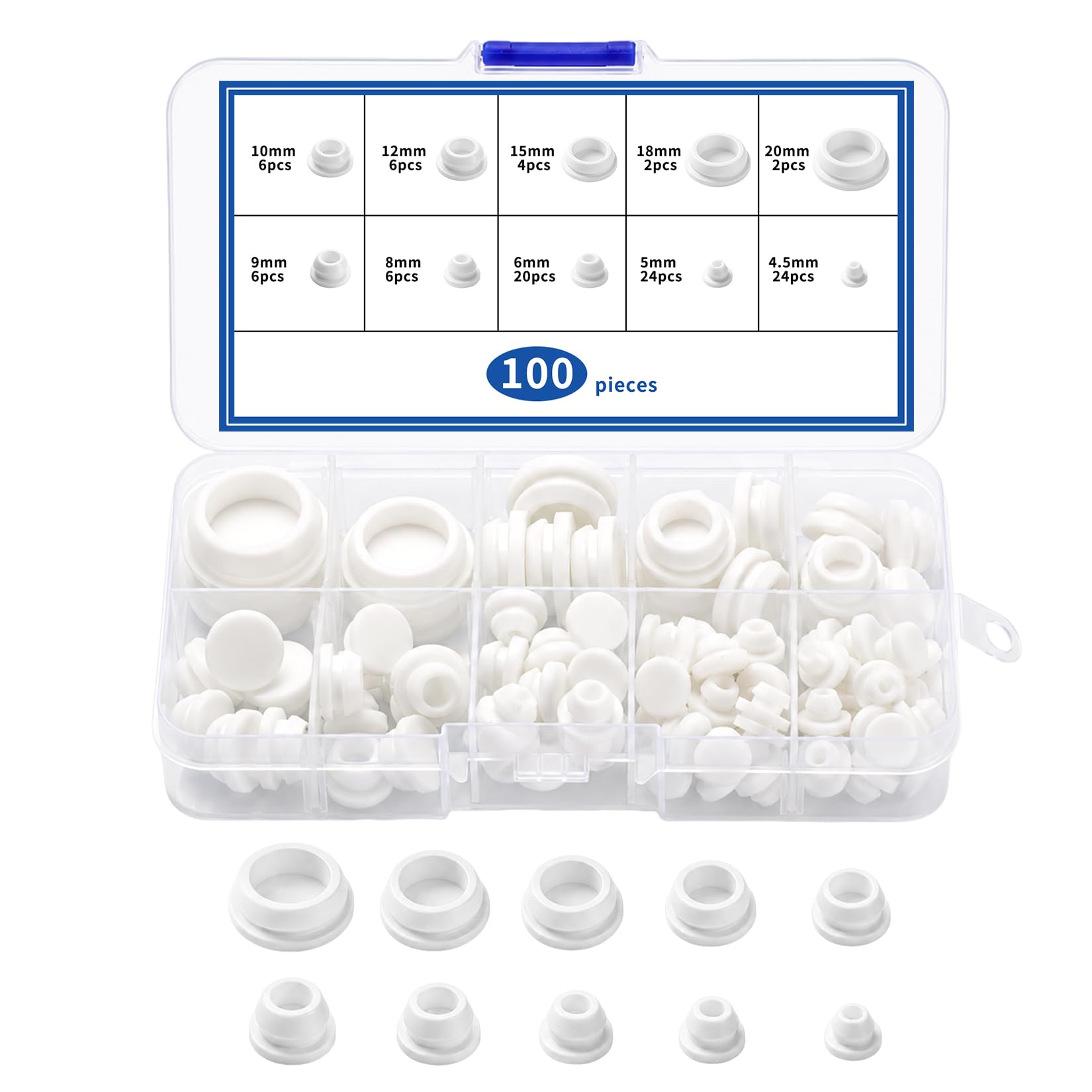 100 Pcs Rubber Bungs for Holes, White Silicone Hole Plugs Set