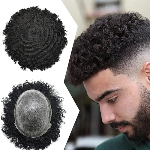 Miniatura 7 de Afro Toupee para hombres negros, sistemas de cabello humano rizado afroamericano, unidad de cabello para hombres afro con canas, tupé de 8 x 10