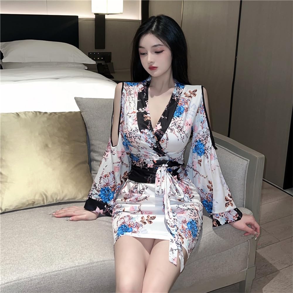 QNCLO Japanese women's cosplay cardigan kimono nightgown floral geisha bathrobe lingerie: White1