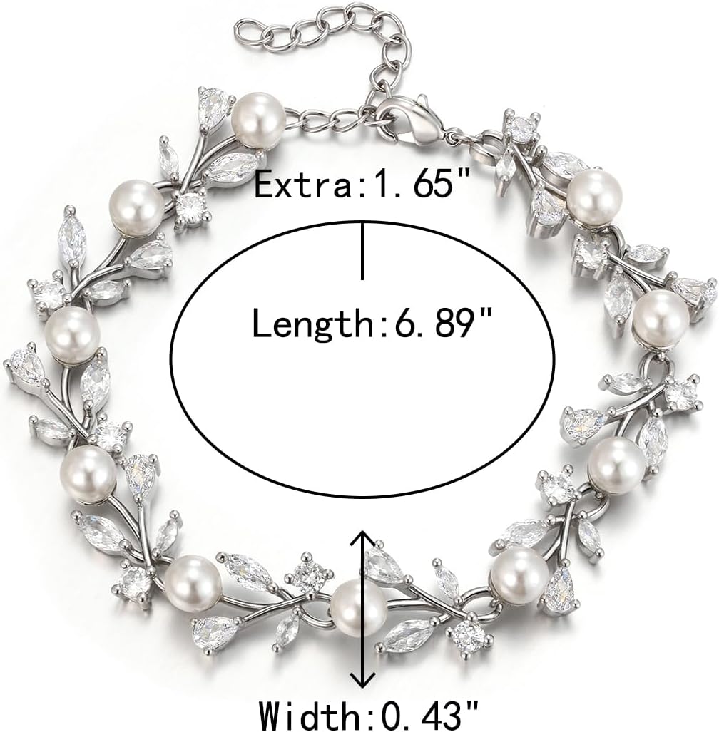 Crysdue Cubic Zirconia Simulated Pearl Bridal Wedding Leaf Filigree Tennis Bracelet for Brides Bridesmaid Birthday Mothers Christmas Valentines Day Jewelry Gifts for Women