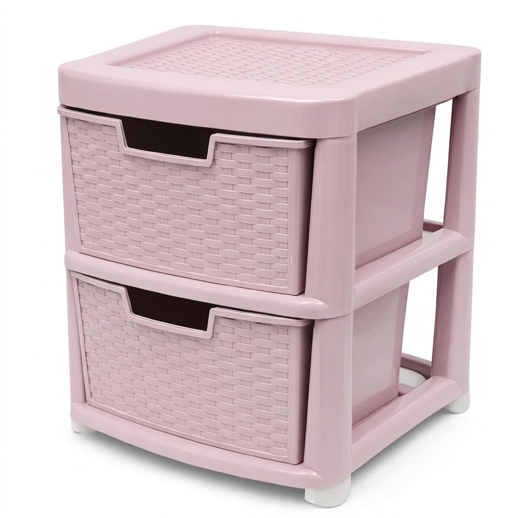 Kaanco Large Plastic Storage Drawers Rattan Effect Storage Unit Tower Space Saving Plastic Drawers for Bedroom Office Kitchen Laundry Bathroom Clothes Toy Home Organisation (2 Tier Rattan Pink)