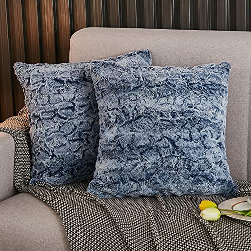 Yaoshuho Fluffy Faux Fur Pillow Covers Ombre Shaggy Pillow Shams Plush Mink Velvet Decorative Throw Pillows Cases Zipper Closure, Set of 2 (Denim Blue, 18  x 18  Inch)