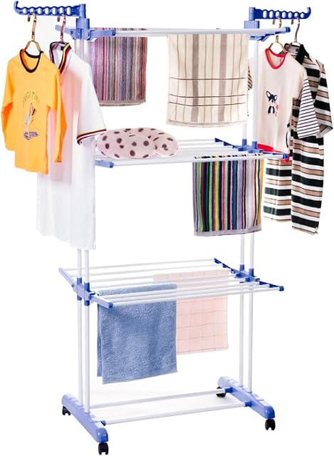 Shoze Clothes Drying Rack 3 Tier Folding Indoor Laundry Rack with Four Wheels Standing Space Washing Airer Laundry Hanger Dryer for Home Garden