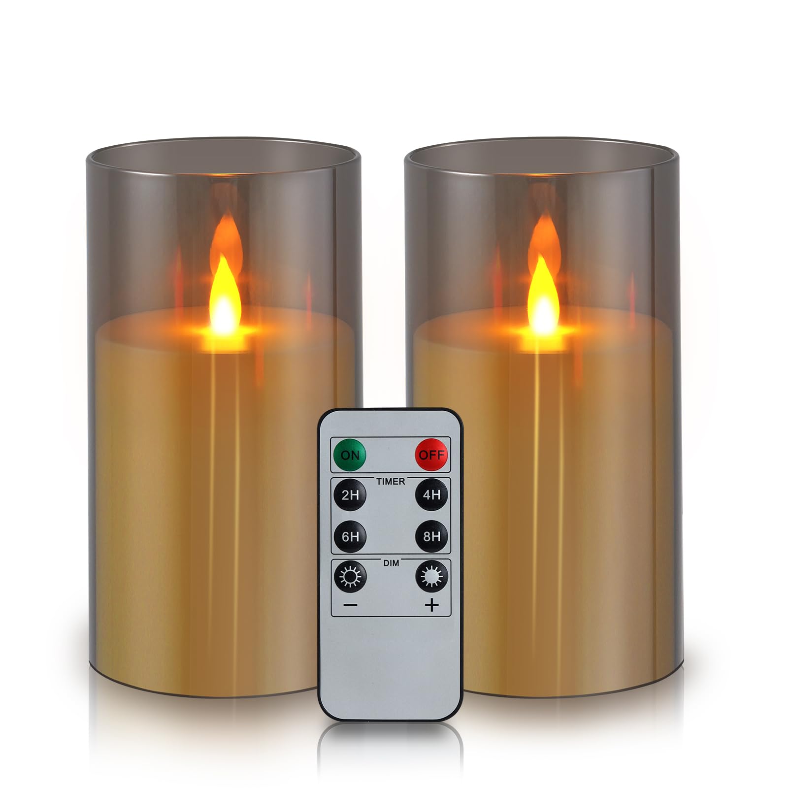 wemarry Flameless Candles Acrylic Glass Pillars 3" D x 6" H Battery Operated Flickering Candles Include 8-Key Remote with Timer Function 400+ Hours (Gray, Warm Light 2 Pack)