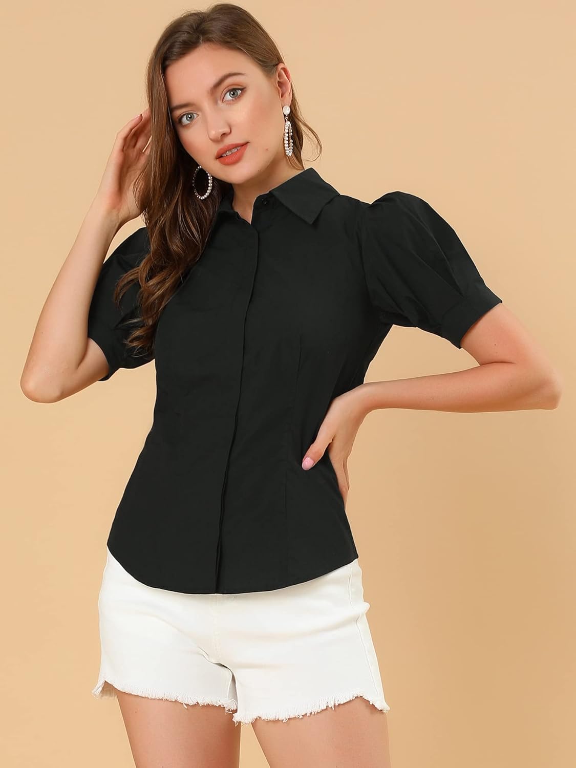 Allegra K Women's Work Office Button Down Shirt Puff Sleeve Collared Short Sleeve Fashion Top - Image 2