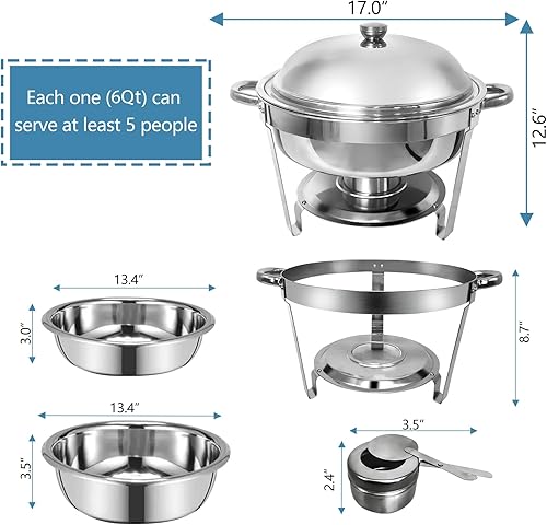 Miniatura 6 de JSTUOKE Juego de 6 platos de acero inoxidable de tamaño completo, 6 cuartos de galón, juego de calentador redondo plateado con bandejas de alimentos