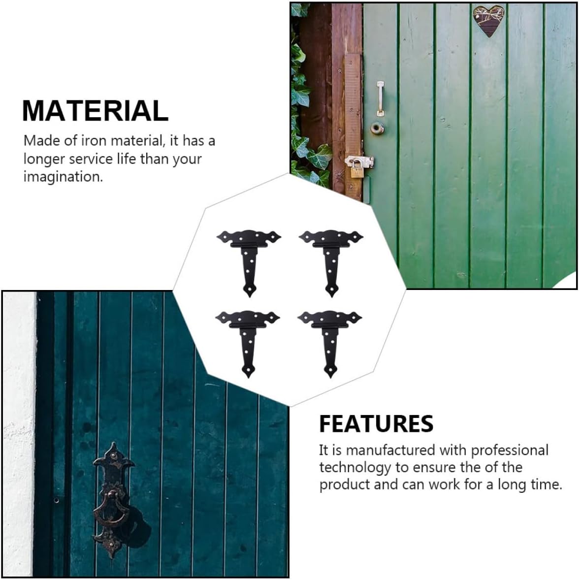 4pcs Heavy Duty T-Shaped Iron Hinges Black Painted Gate Door Hinges with Slot Bearing for Wooden Barns and Exterior Doors Replacement