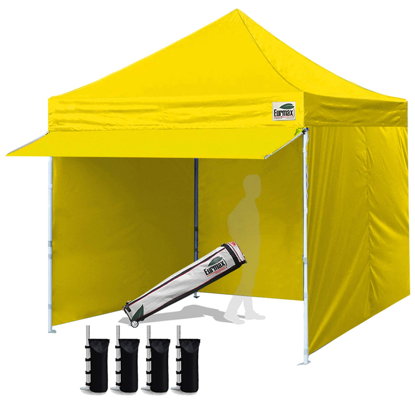 Eurmax USA 10x10 Pop Up Canopy,Commercial Tent with Patented No-Tip Rolling Bag,24sqft Extension Awning & 4 Zippered Removable Walls,UV & Water Resistant,Heavy Duty Instant Shelter Gazebo,Yellow