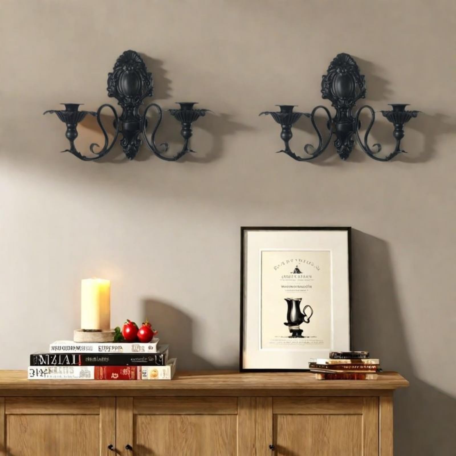 Portavelas Pared Hierro con corativa Diseño Clásico Europeo y Placa Trasera Tallada con Brazo Curvo y Acabado Envejecido Negro y Dorado Acuado para, 28cm X 35cm