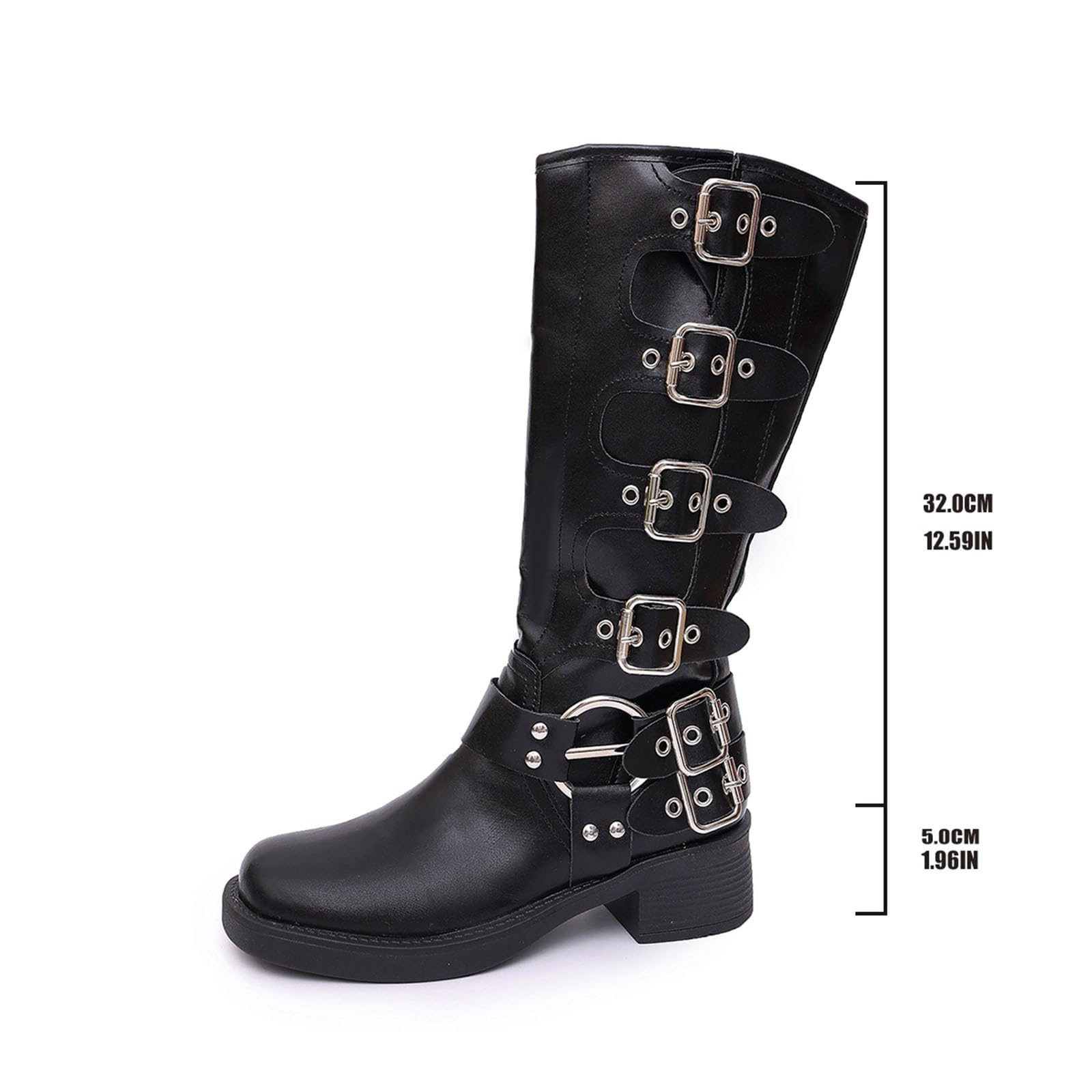 Generico Scarpe Stivali da Donna Al Polpaccio Biker Motociclista Boots | Stivaletti Fibbie Anfibi, in PU